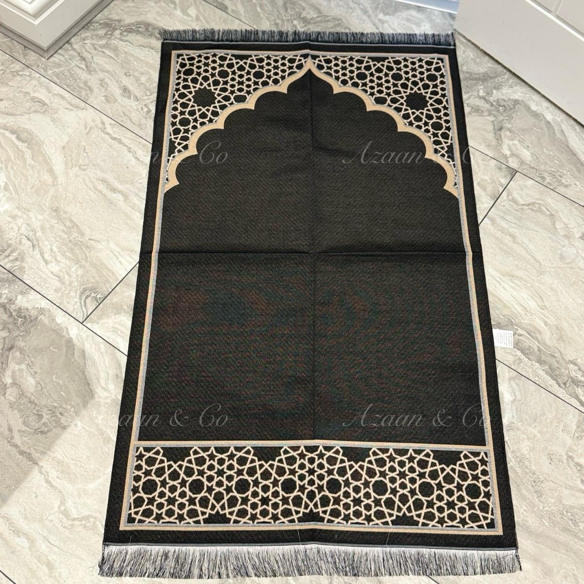 Black Dome Prayer Mat & Tasbeeh Kaaba Box Gift Set