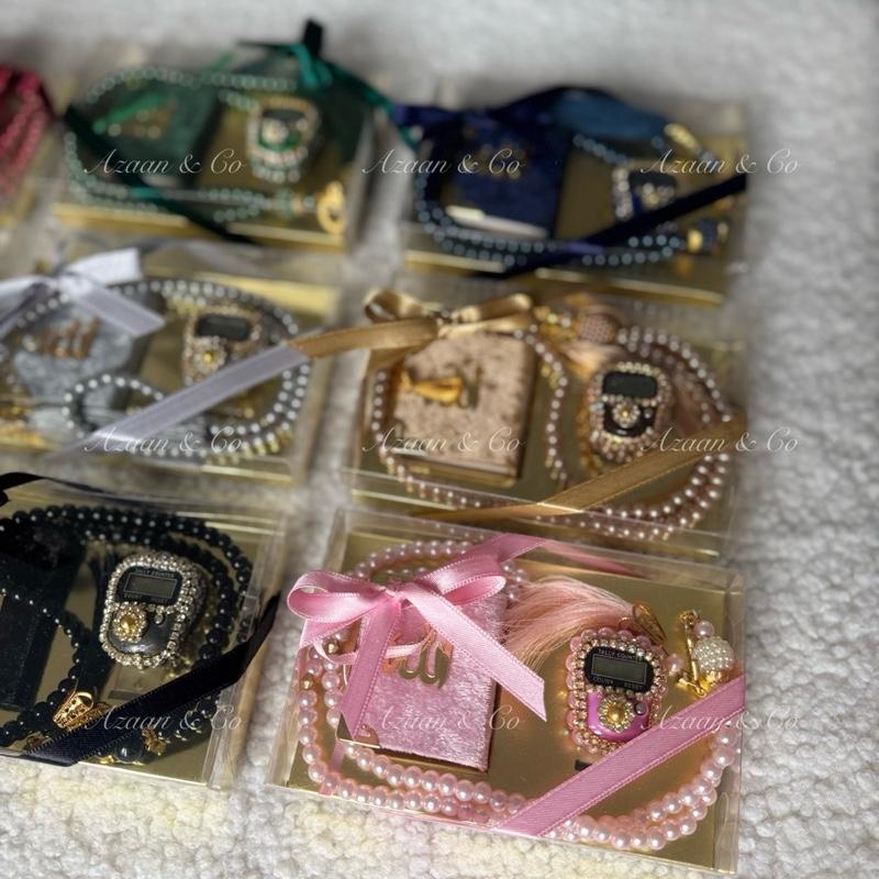 Mini Velvet Quran, Finger Counter & Pearl Tasbeeh Set