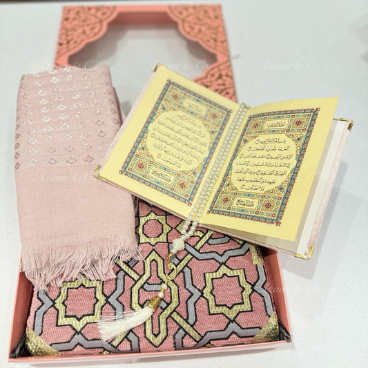 Pink Chenille Prayer Mat, Surah Book, Tasbeeh & Hijab Gift Set