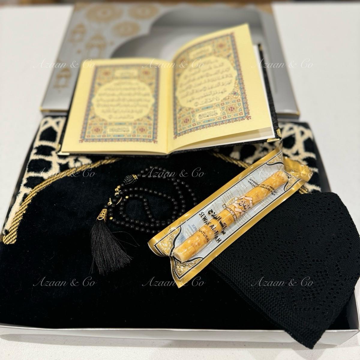 Soft Prayer Mat, Surah Book, Miswak, Prayer Hat & Tabseeh Gift Set