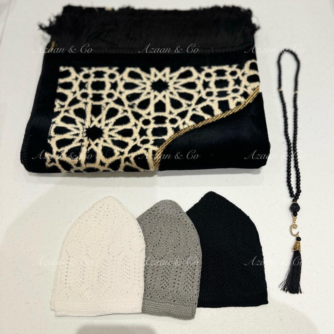 Soft Prayer Mat, 3x Skull Caps & Tabseeh Gift Set