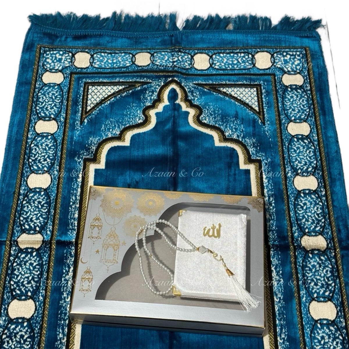 Soft Prayer Mat, Surah Book & Tasbeeh Gift Box 3 Piece Set