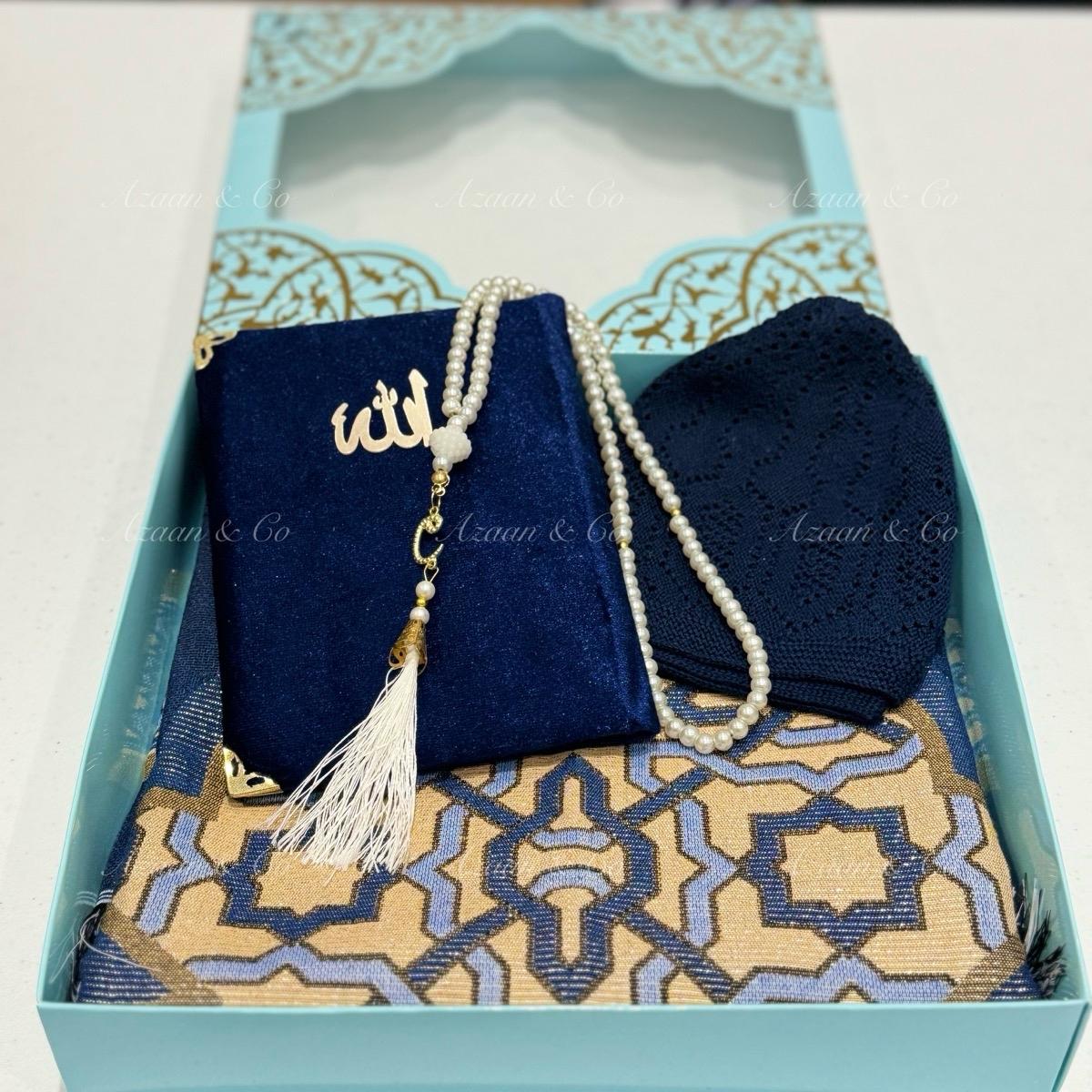 Surah Book, Prayer Mat, Tasbeeh & Skull Cap Set Box