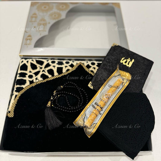 Soft Prayer Mat, Surah Book, Miswak, Prayer Hat & Tabseeh Gift Set