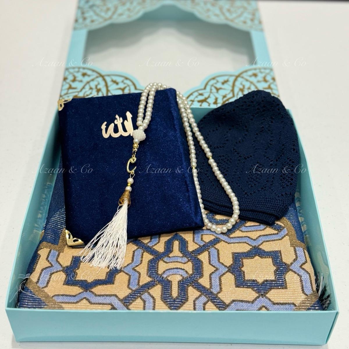 Surah Book, Prayer Mat, Tasbeeh & Skull Cap Set Box