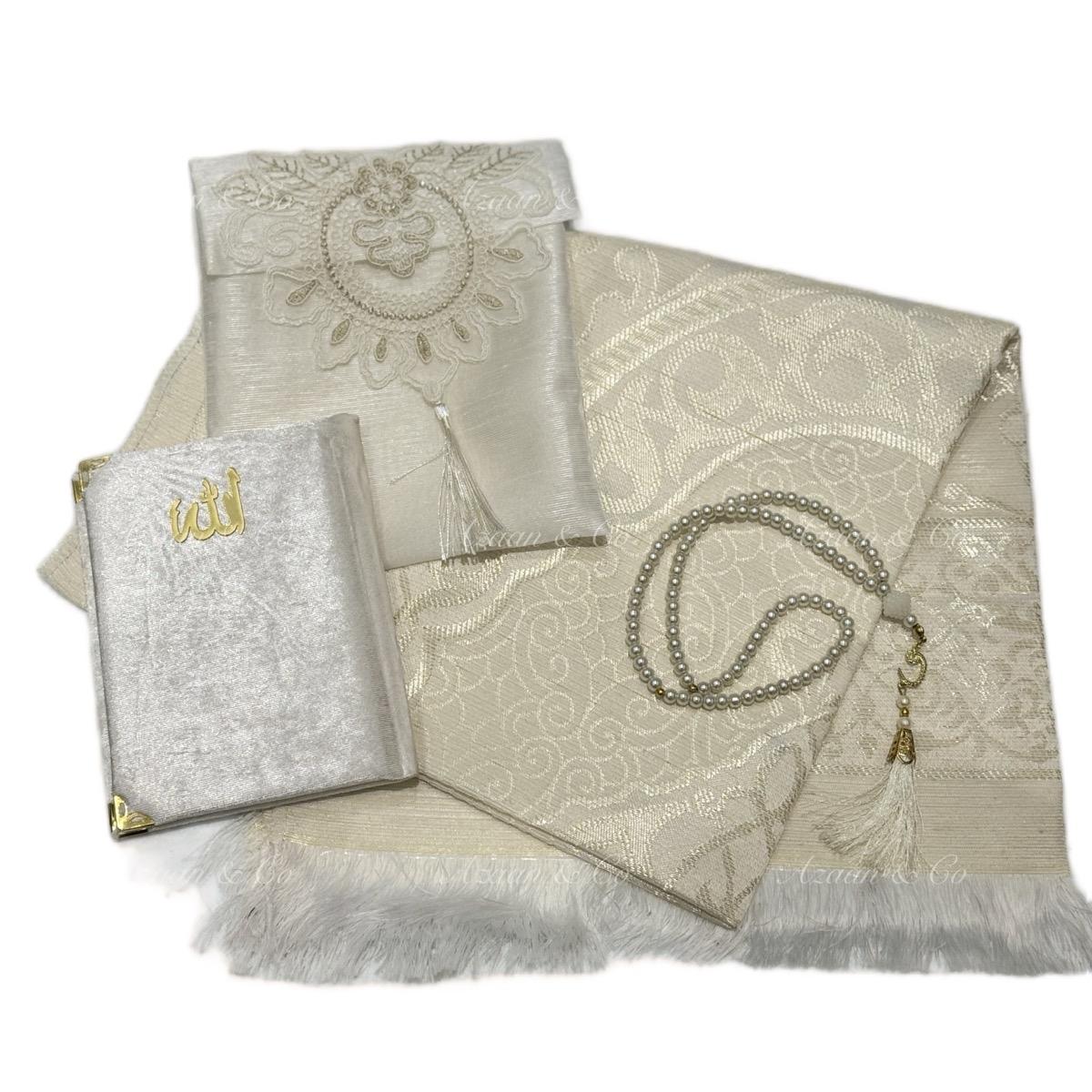 Cream White Lace Work Travel Prayer Mat, Surah Book & Tasbeeh Gift Set