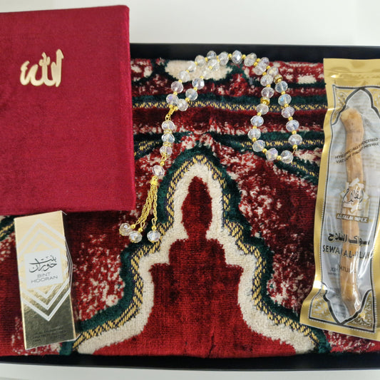Soft Prayer Mat, Surah Book, Miswak, Attar & Tabseeh Gift Set Box (D2)