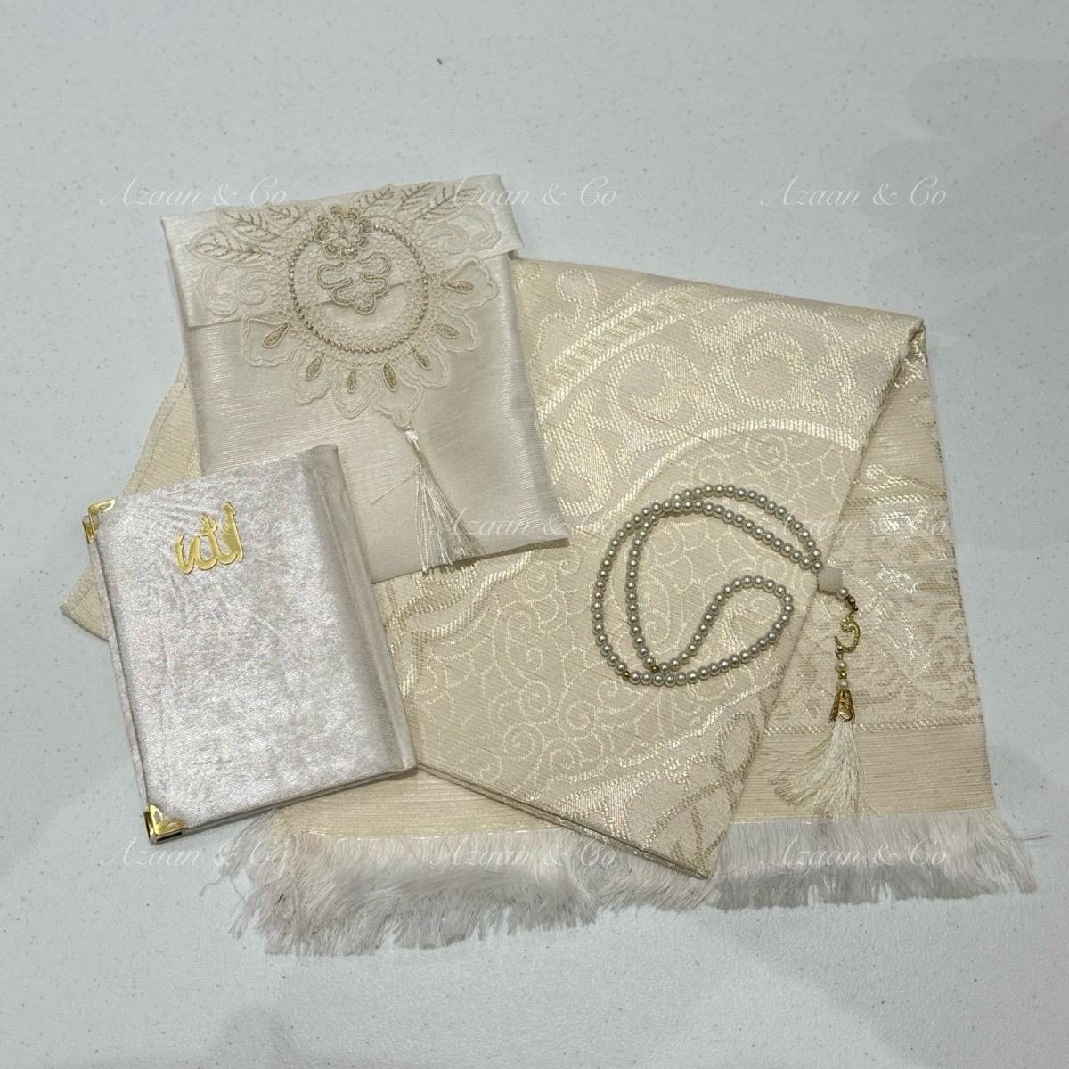 Cream White Lace Work Travel Prayer Mat, Surah Book & Tasbeeh Gift Set