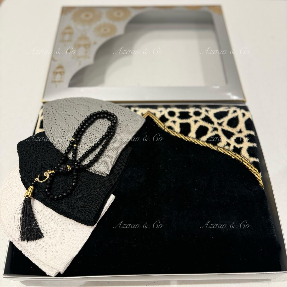 Soft Prayer Mat, 3x Skull Caps & Tabseeh Gift Set