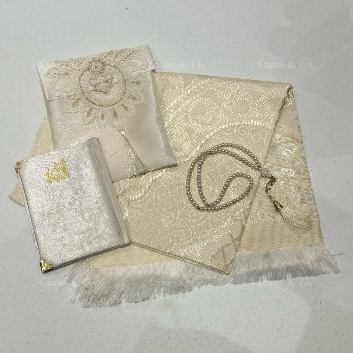 Cream White Lace Work Travel Prayer Mat, Surah Book & Tasbeeh Gift Set