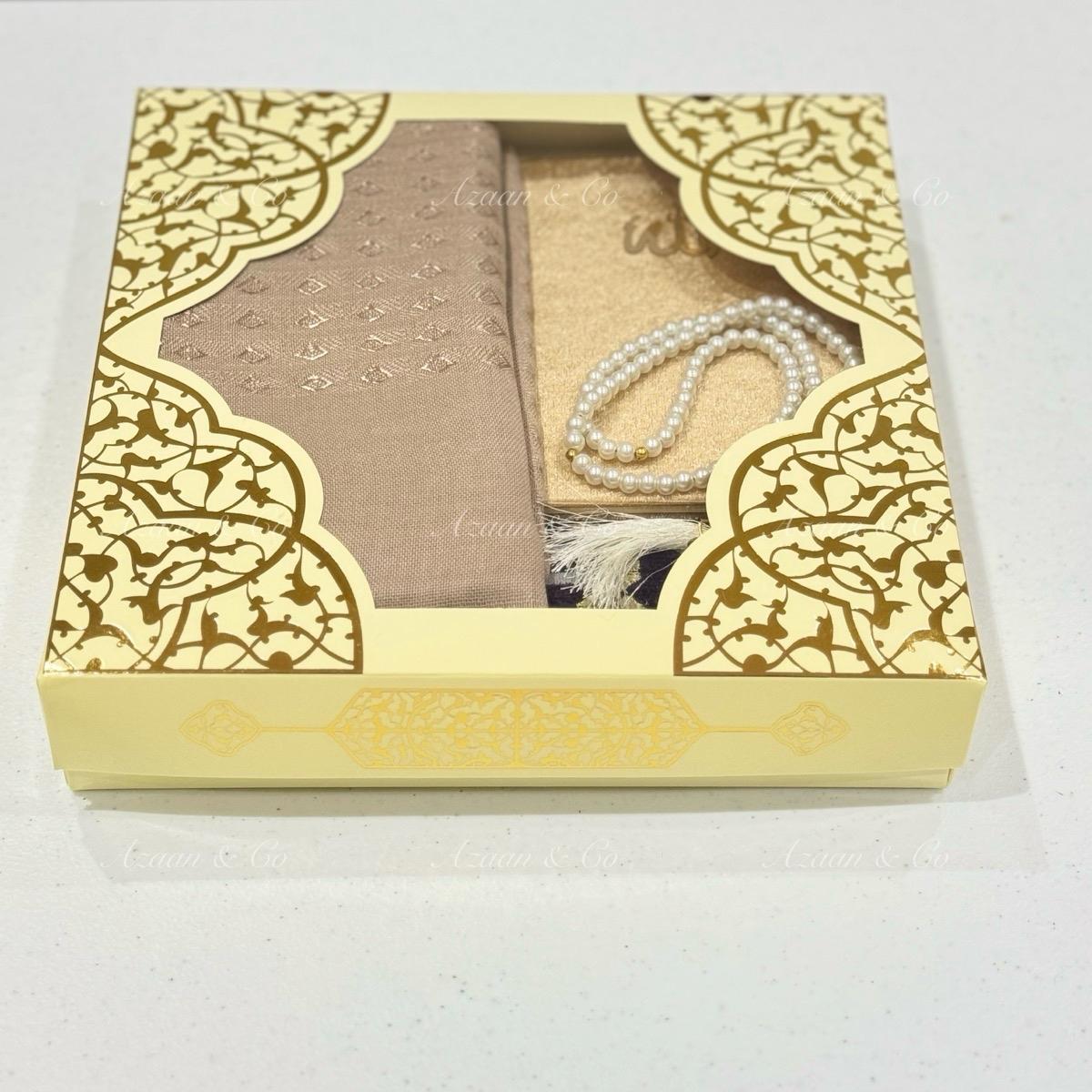 Purple Chenille Prayer Mat, Surah Book, Tasbeeh & Hijab Gift Set Box