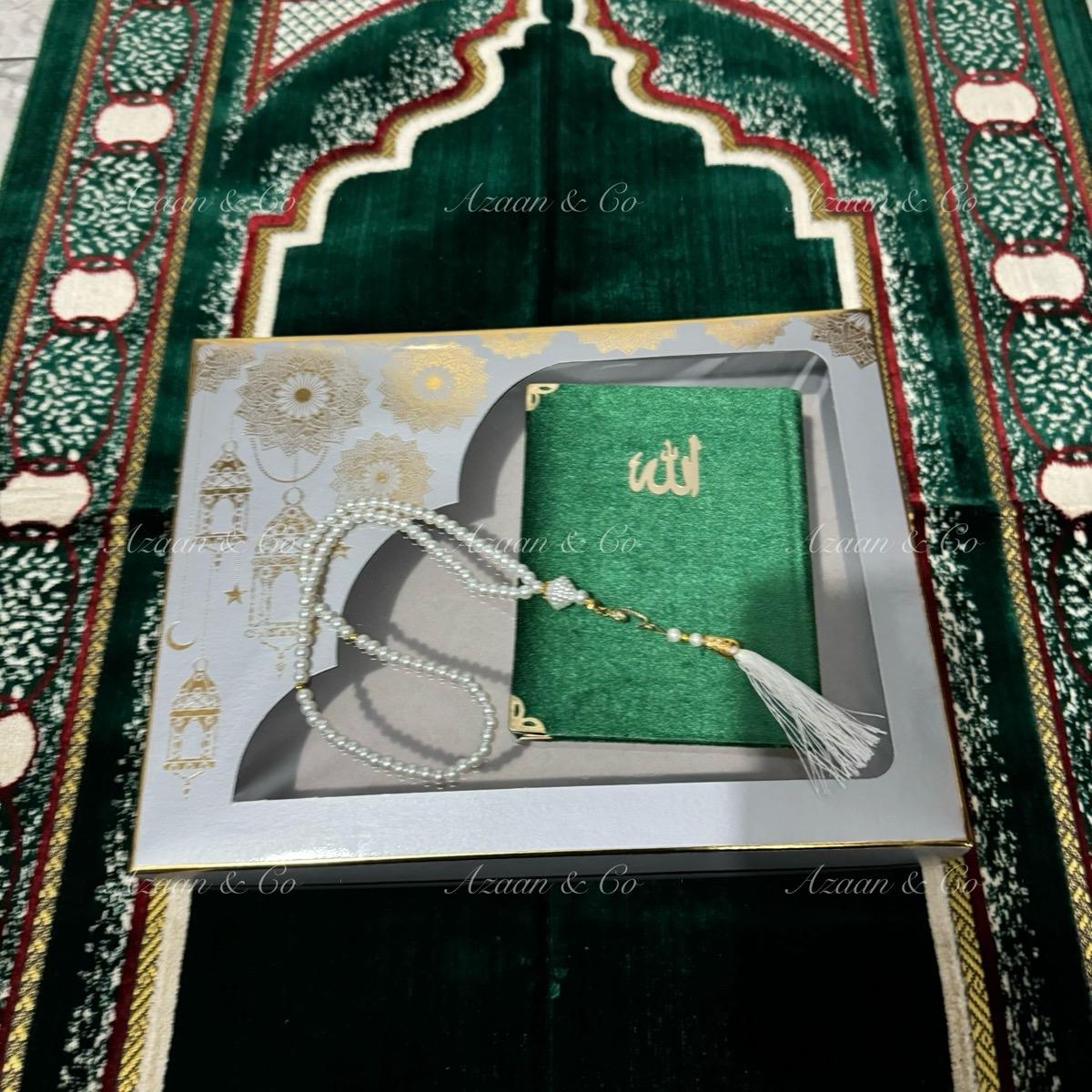 Soft Prayer Mat, Surah Book, Miswak, Attar & Tabseeh Gift Set Box (D2)