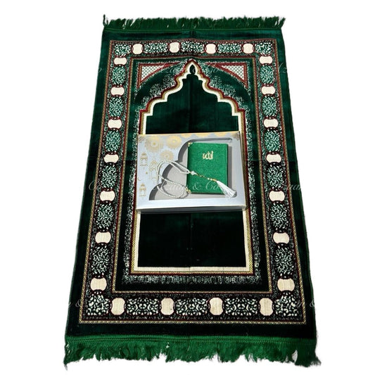 Soft Prayer Mat, Surah Book & Tasbeeh Gift Box 3 Piece Set