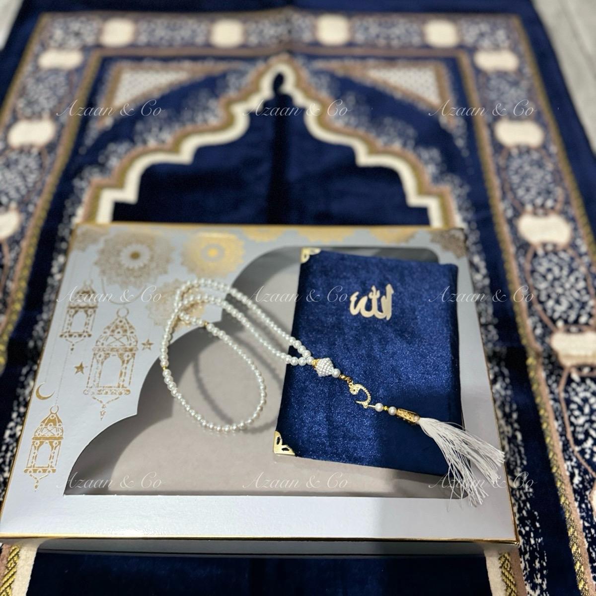 Soft Prayer Mat, Surah Book & Tasbeeh Gift Box 3 Piece Set