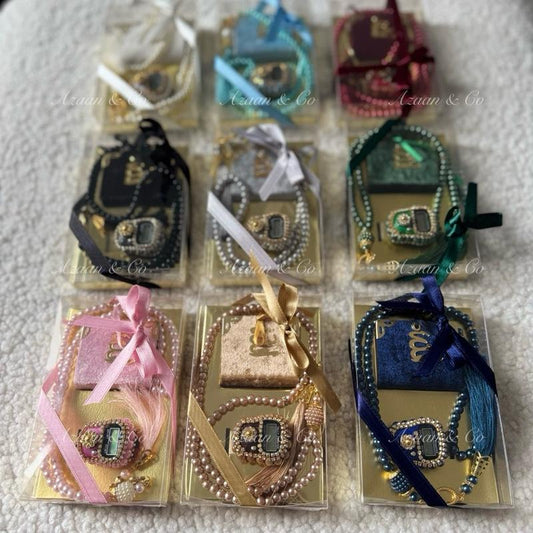 Mini Velvet Quran, Finger Counter & Pearl Tasbeeh Set