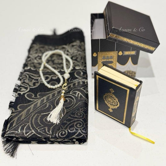 Holy Quran, Prayer Mat and Tasbeeh Kaaba box gift set