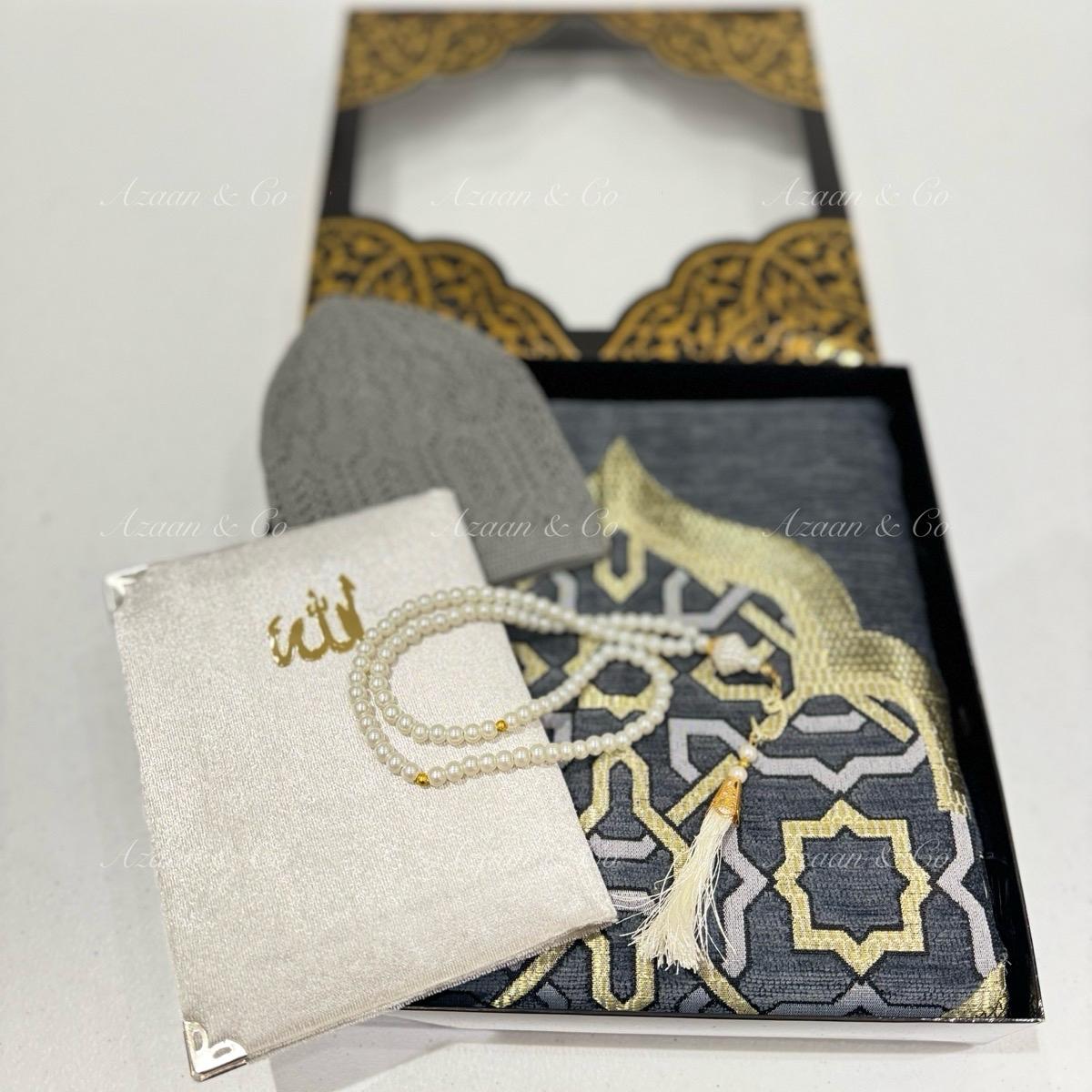 Grey Chenille Prayer Mat, Surah Book, Tasbeeh & Cap or Hijab Gift Set