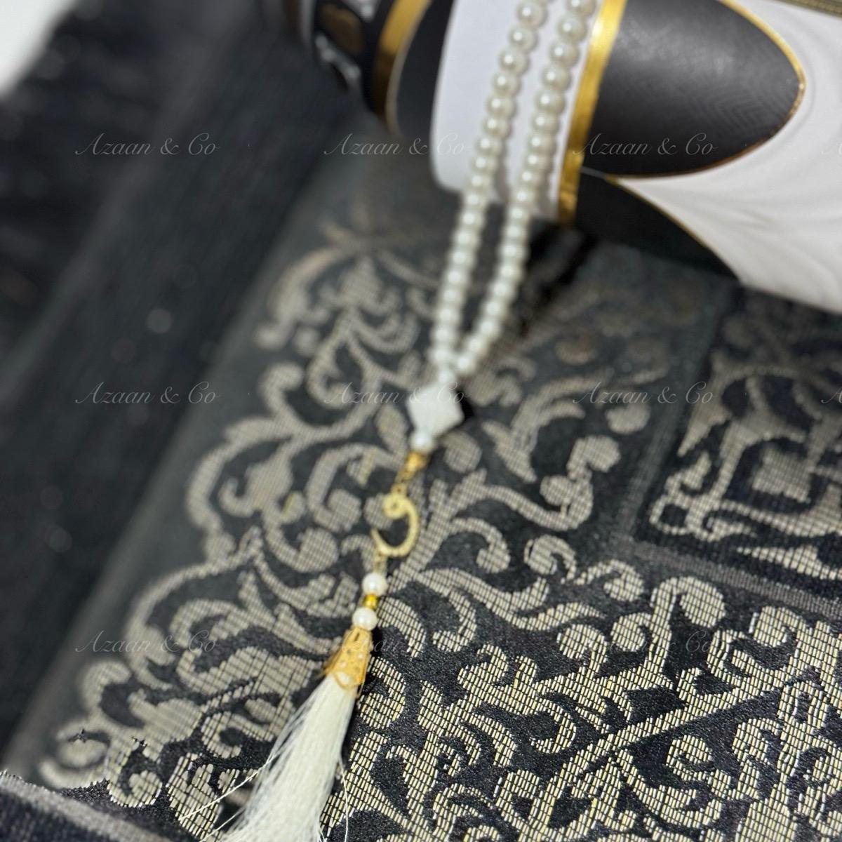 Black/Gold Kaaba Box Prayer Mat & Tasbeeh Gift Set