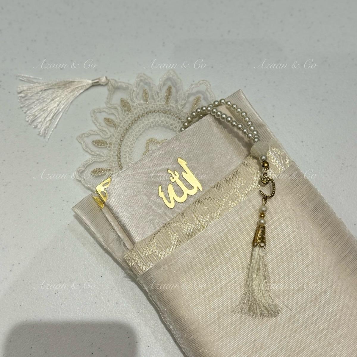 Cream White Lace Work Travel Prayer Mat, Surah Book & Tasbeeh Gift Set