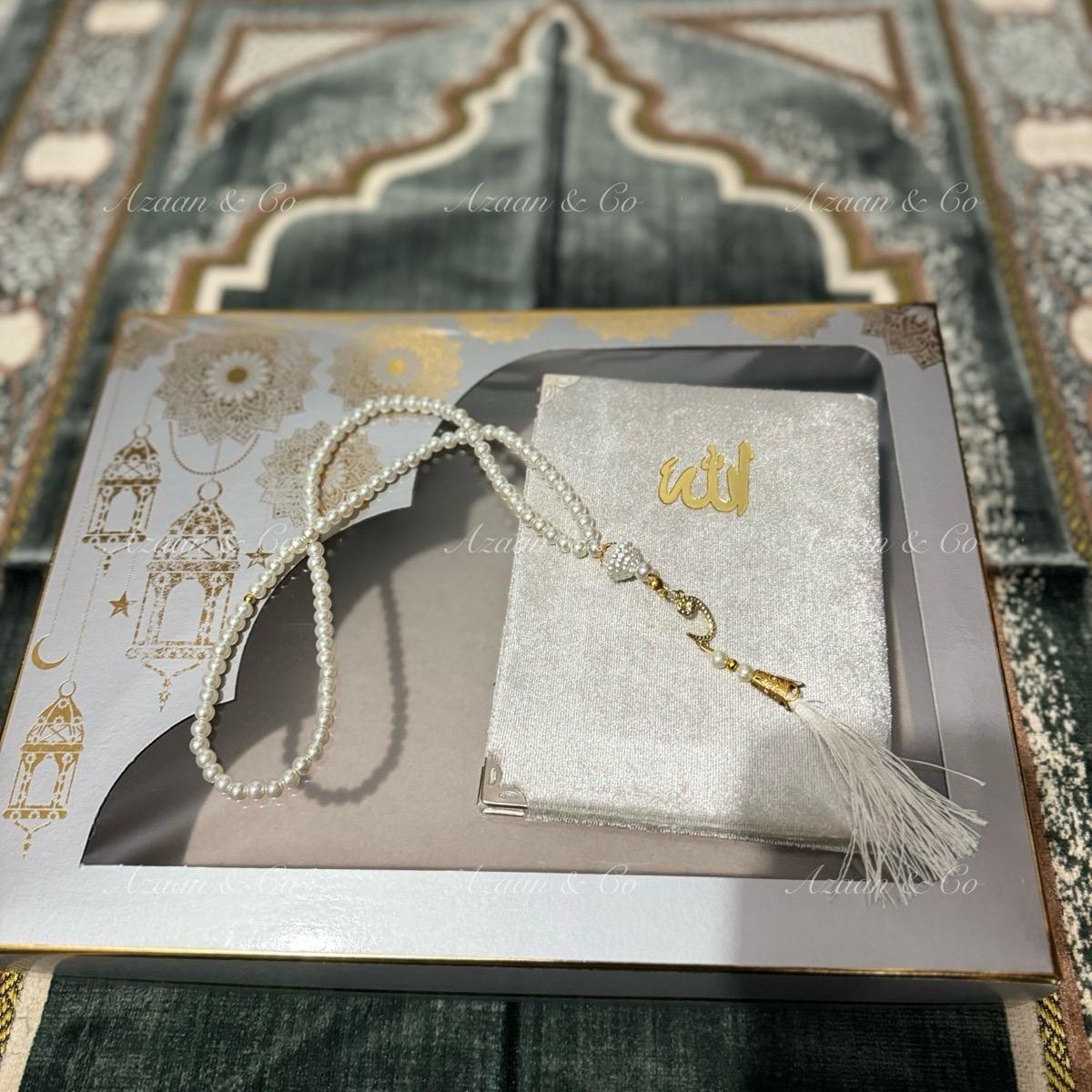 Soft Prayer Mat, Surah Book & Tasbeeh Gift Box 3 Piece Set