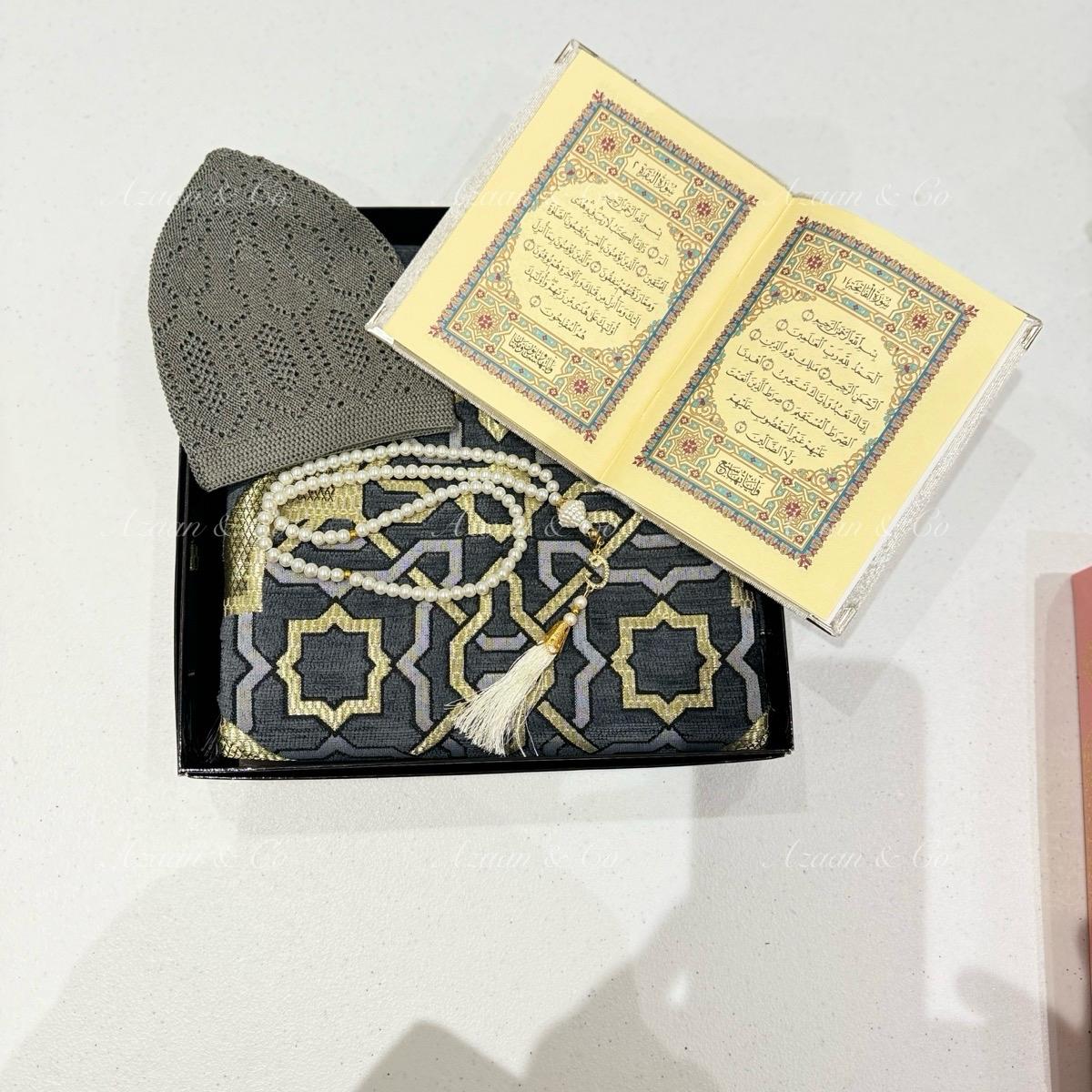 Grey Chenille Prayer Mat, Surah Book, Tasbeeh & Cap or Hijab Gift Set
