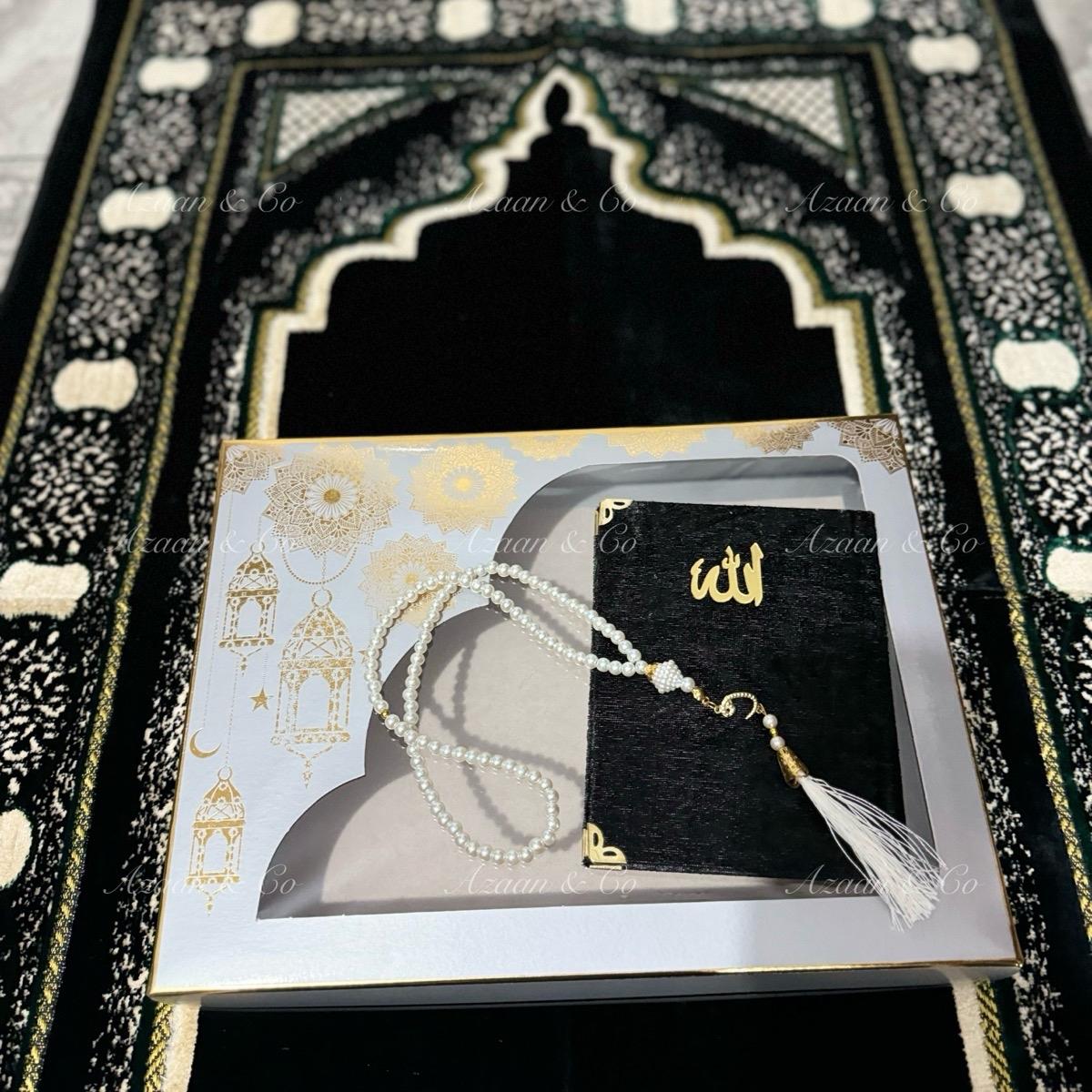 Soft Prayer Mat, Surah Book & Tasbeeh Gift Box 3 Piece Set
