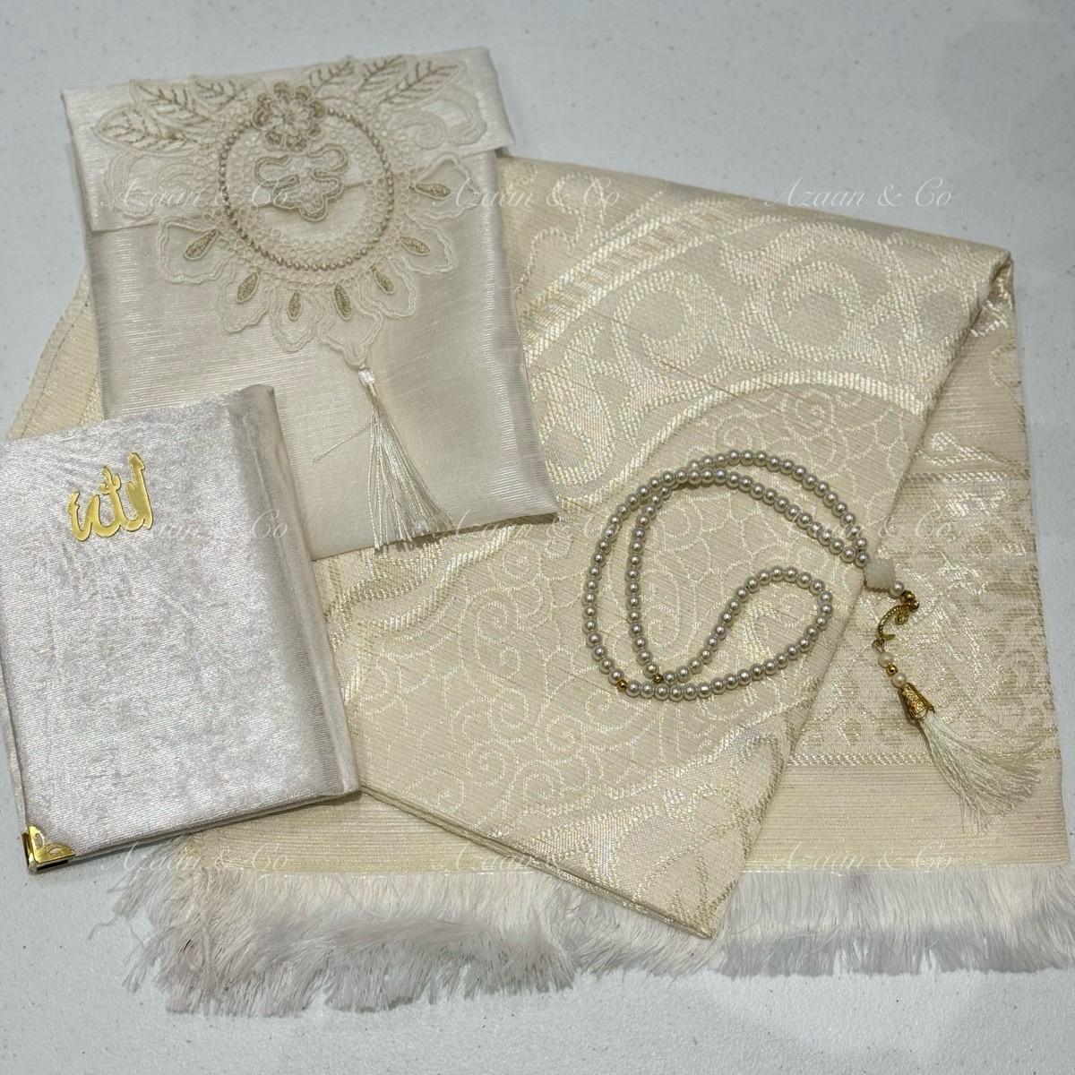 Cream White Lace Work Travel Prayer Mat, Surah Book & Tasbeeh Gift Set