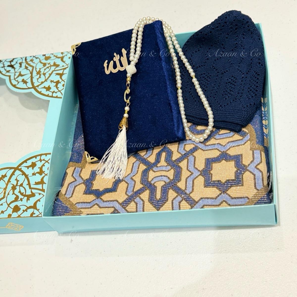 Surah Book, Prayer Mat, Tasbeeh & Skull Cap Set Box