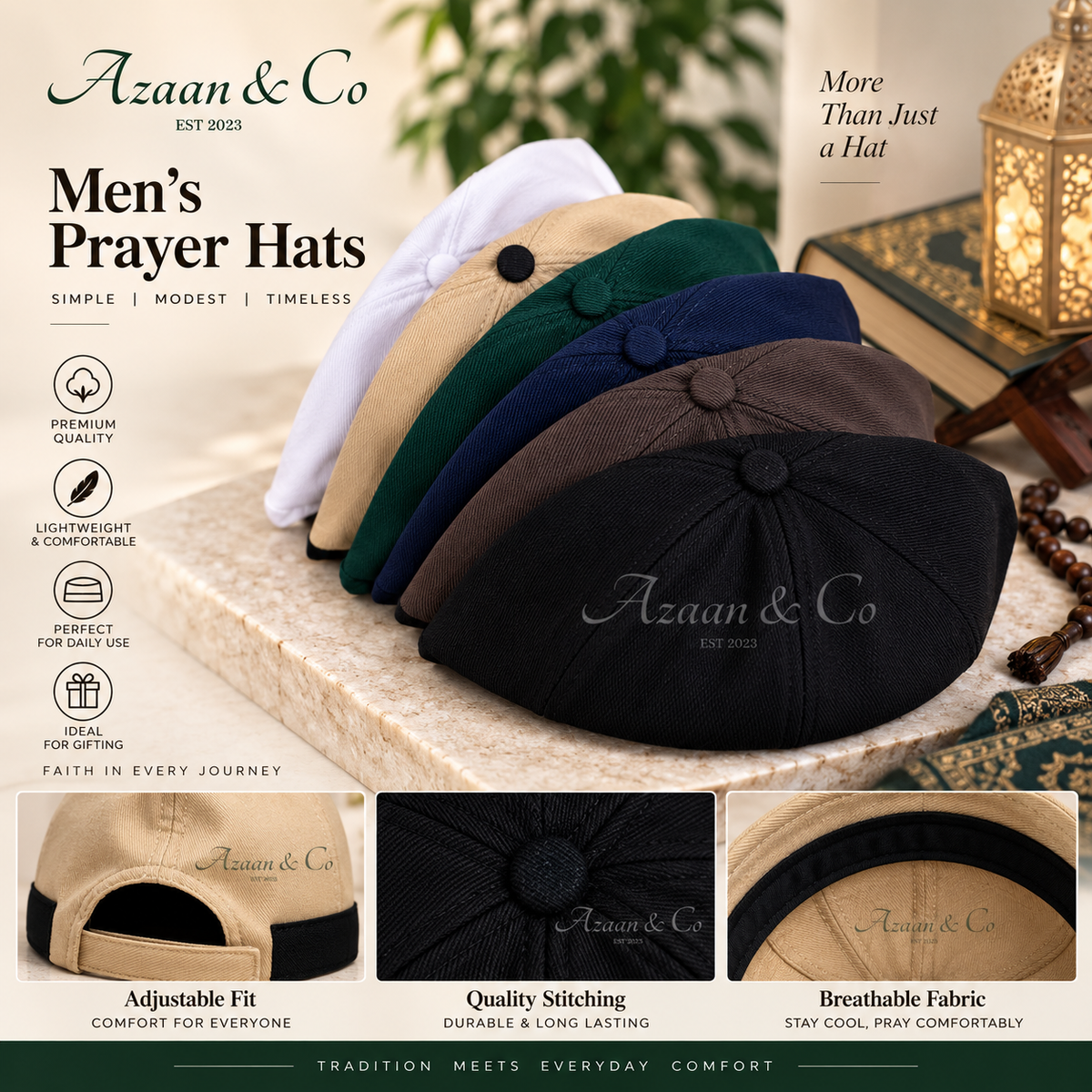 Men’s Islamic Prayer Hat – Adjustable Velcro Kufi Cap, Lightweight Muslim Salah Namaz Topi for Hajj & Umrah