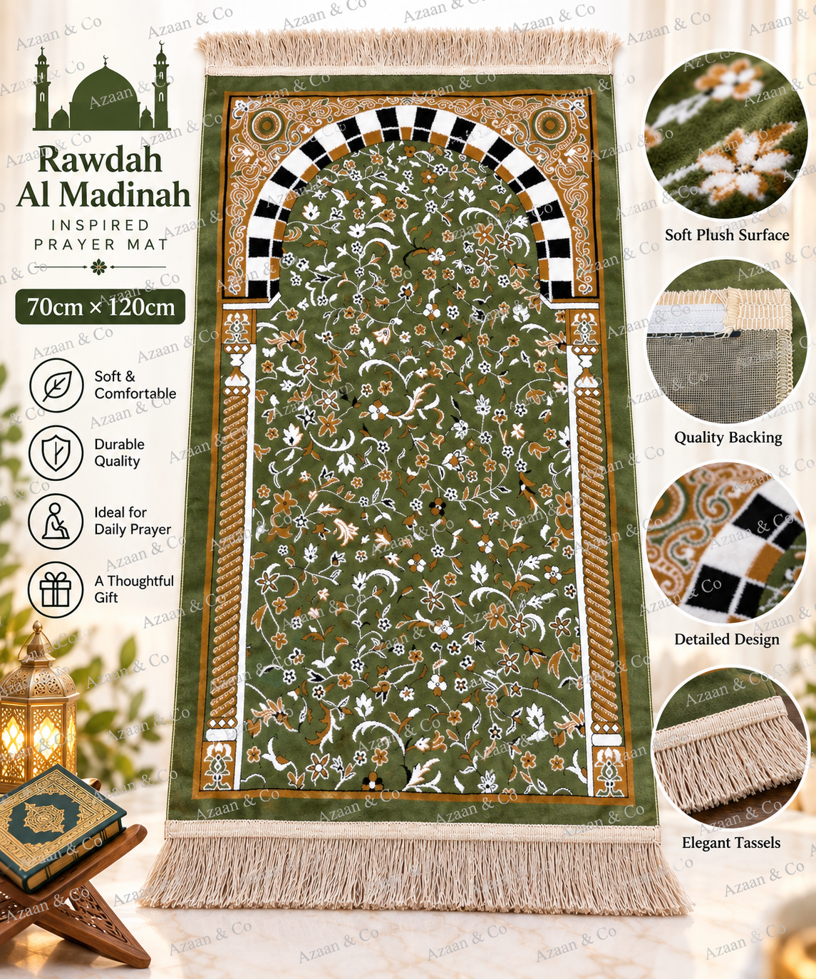 Premium Islamic Prayer Mat 70x120cm – Soft Plush Comfortable Salah Rug with Elegant Tassels, Detailed Rawdah Al Madinah Inspired Design, Durable Quality, Muslim Prayer Gift for Men & Women, Ramadan & Eid Gift