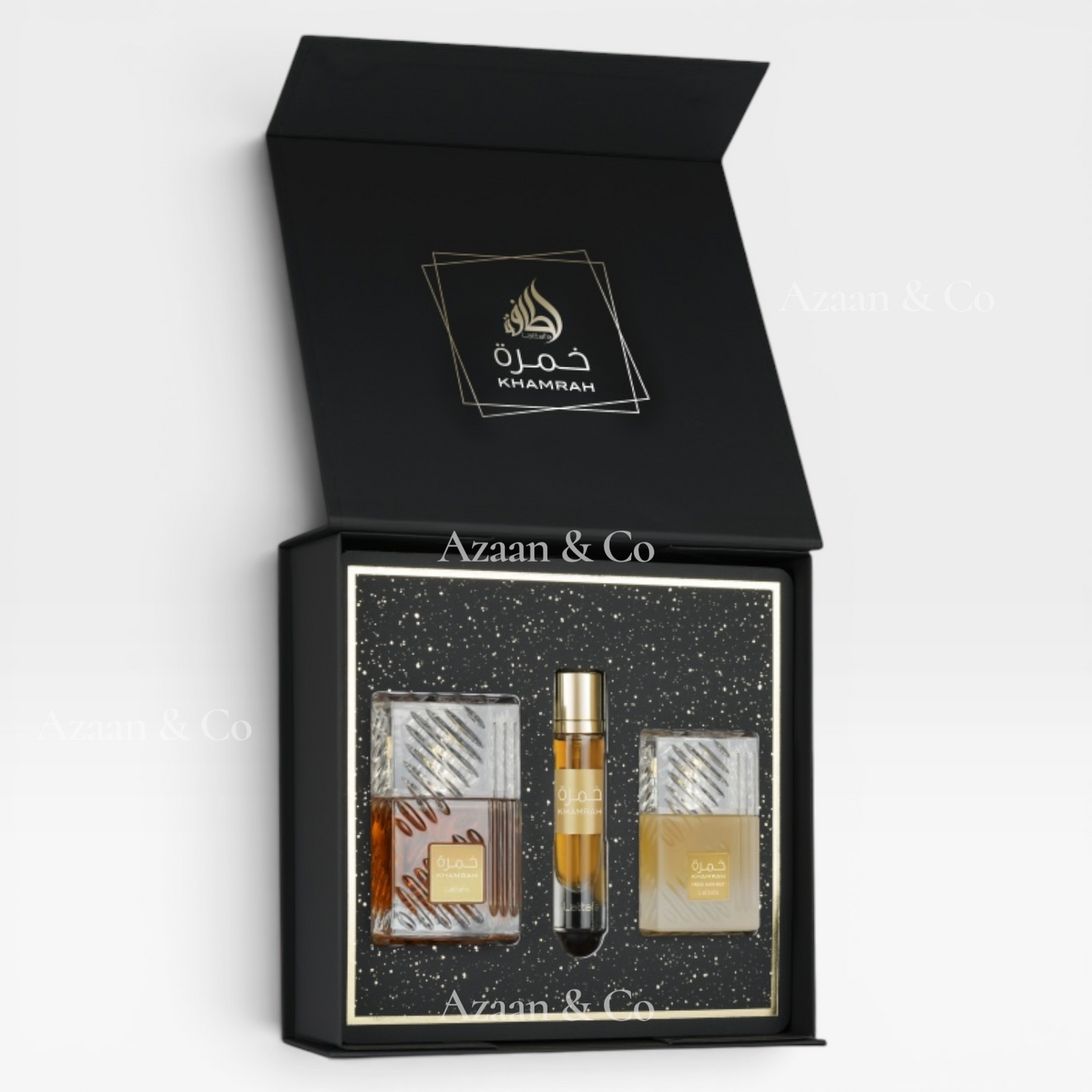 Khamrah Lattafa 3pc Gift Set 100ml EDP Spray, 12ml Travel Perfume & 50m Hair Mist