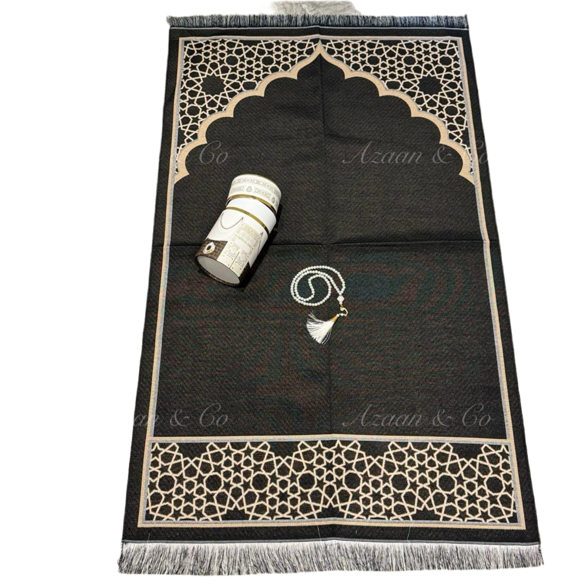 Black Dome Prayer Mat & Tasbeeh Kaaba Box Gift Set