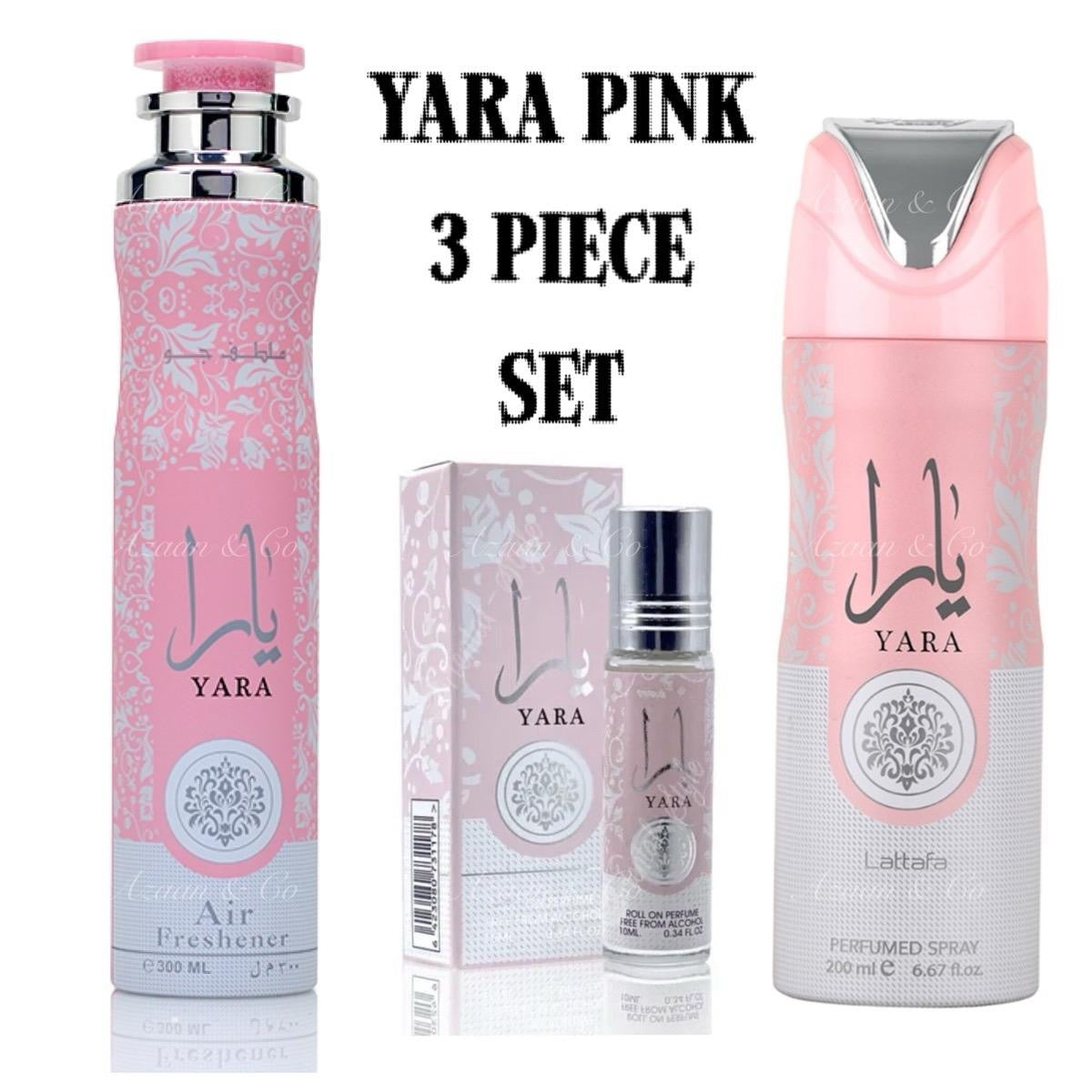 Lattafa Yara Pink 3 Piece Gift Set – 300ml Air Freshener, 200ml Body Spray & 10ml Perfume Oil – Arabian Dubai Women’s Fragrance Set