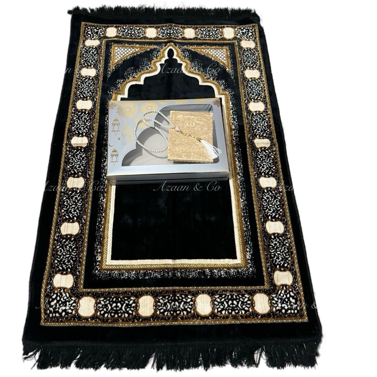 Soft Prayer Mat, Surah Book & Tasbeeh Gift Box 3 Piece Set