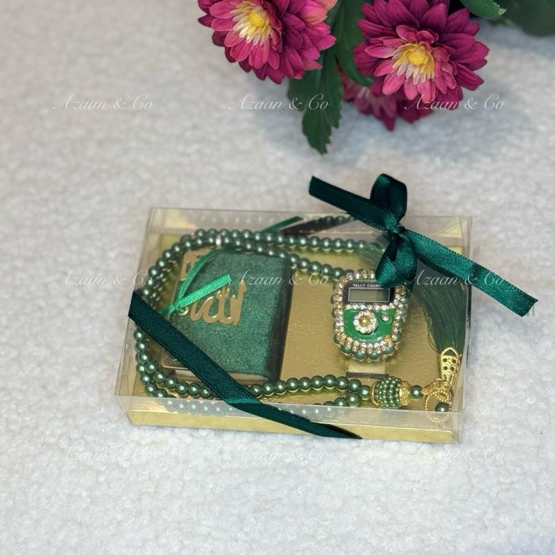 Mini Velvet Quran, Finger Counter & Pearl Tasbeeh Set