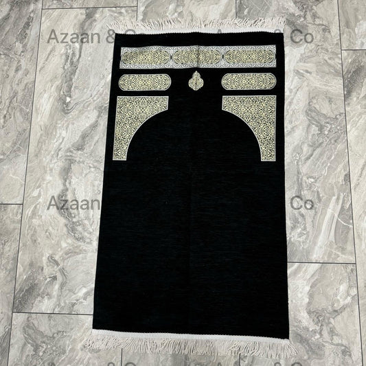 Premium Kaaba Door Chenille Prayer Mat, Surah Book & Tasbeeh