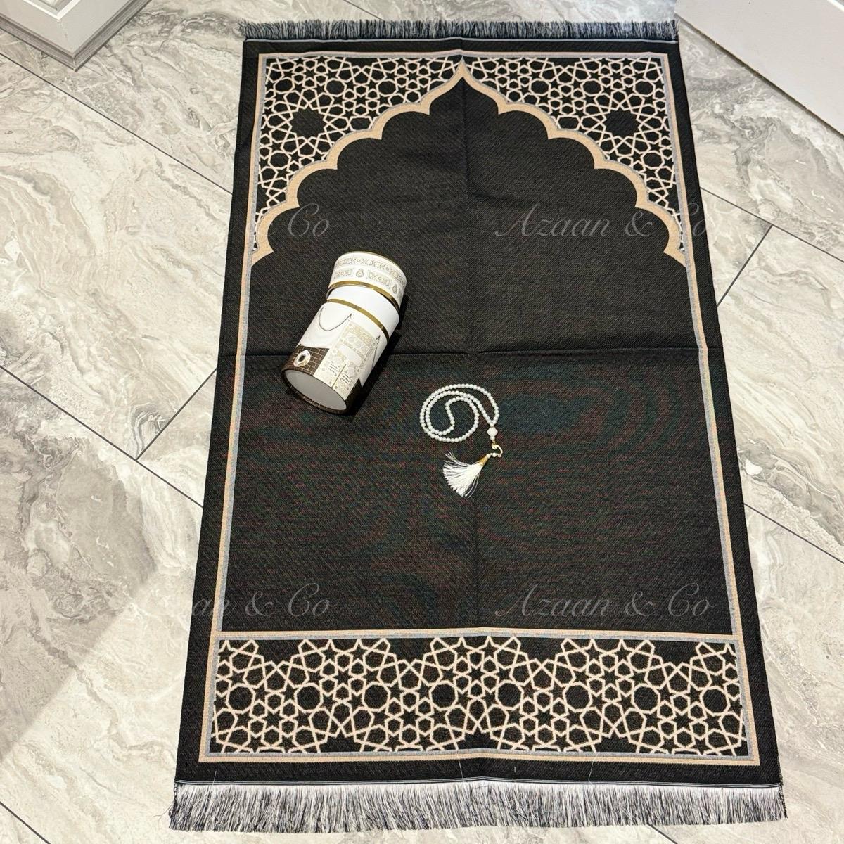 Black Dome Prayer Mat & Tasbeeh Kaaba Box Gift Set