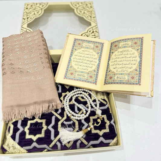 Purple Chenille Prayer Mat, Surah Book, Tasbeeh & Hijab Gift Set Box