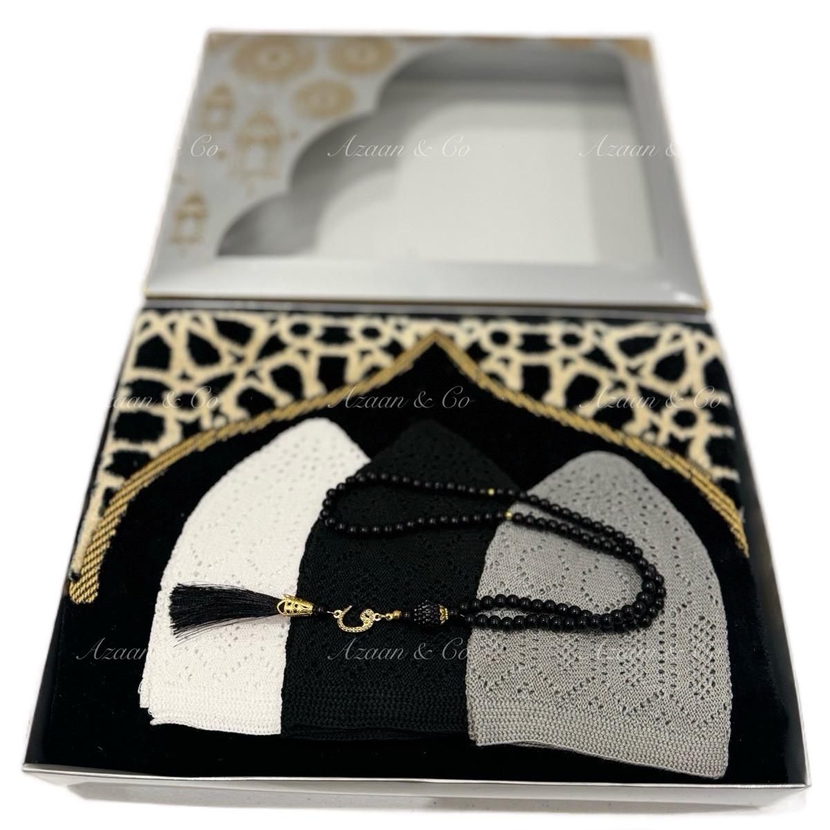 Soft Prayer Mat, 3x Skull Caps & Tabseeh Gift Set