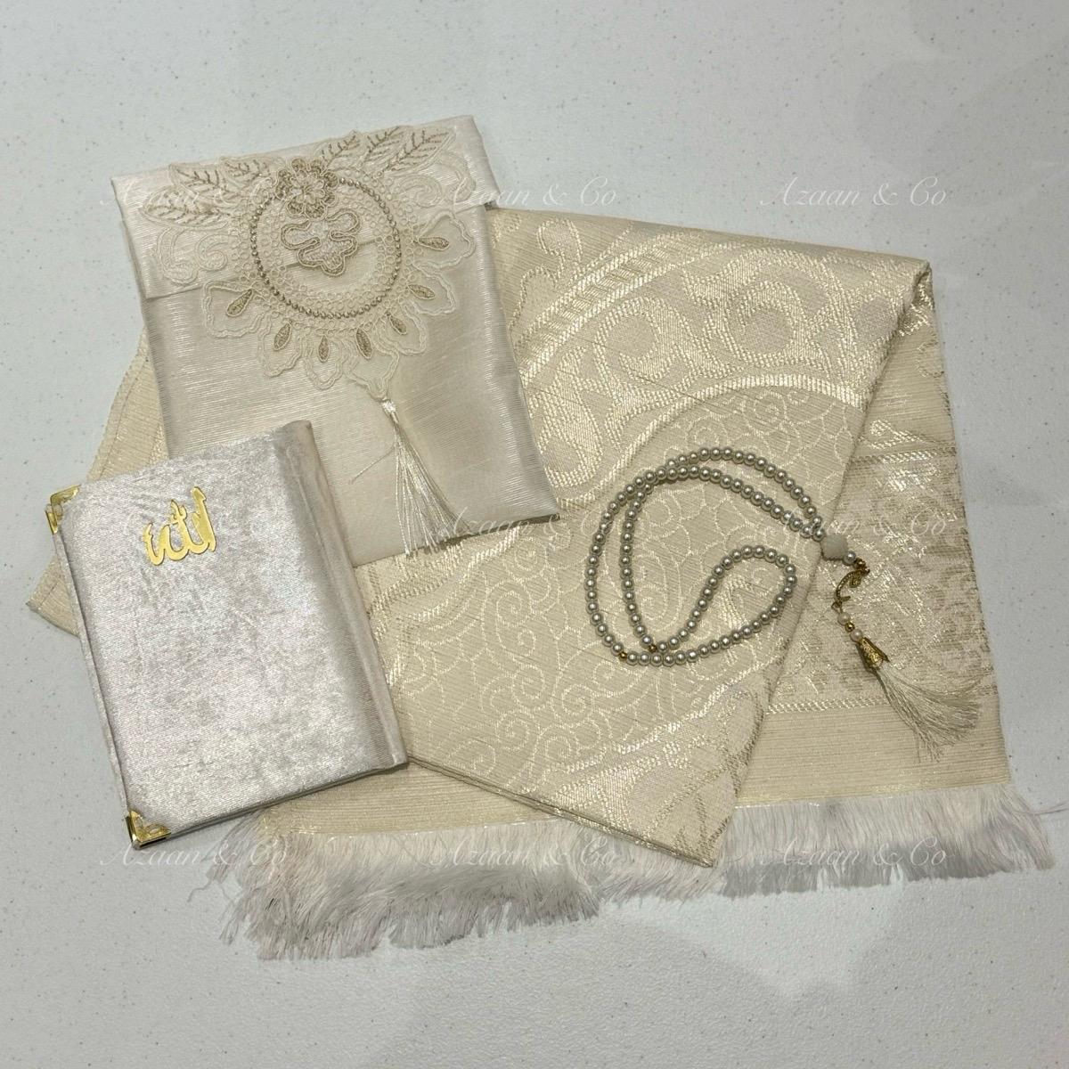 Cream White Lace Work Travel Prayer Mat, Surah Book & Tasbeeh Gift Set