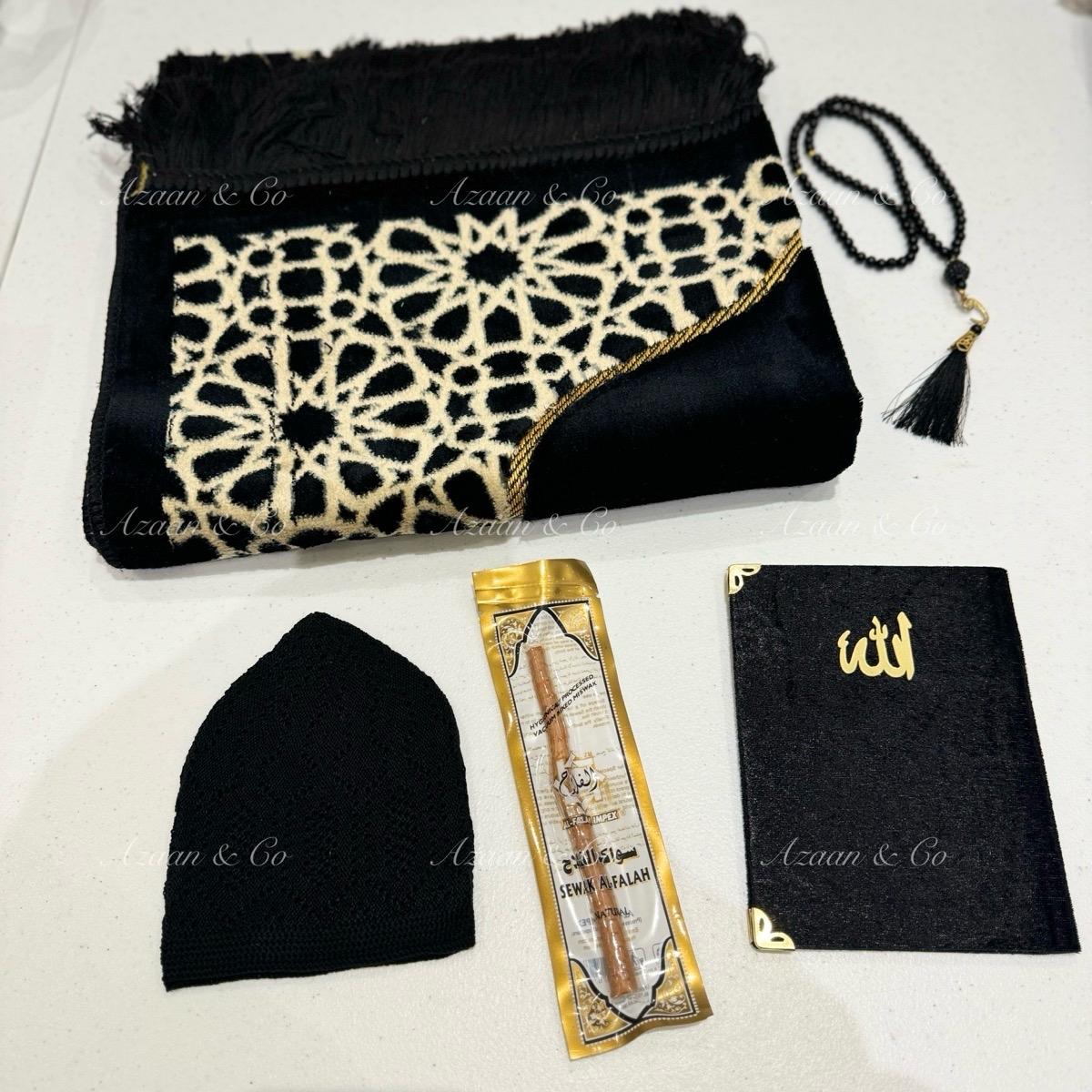 Soft Prayer Mat, Surah Book, Miswak, Prayer Hat & Tabseeh Gift Set