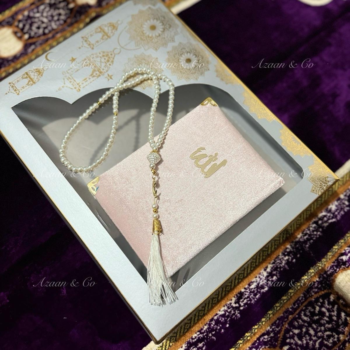 Soft Prayer Mat, Surah Book, Miswak, Attar & Tabseeh Gift Set Box (D2)