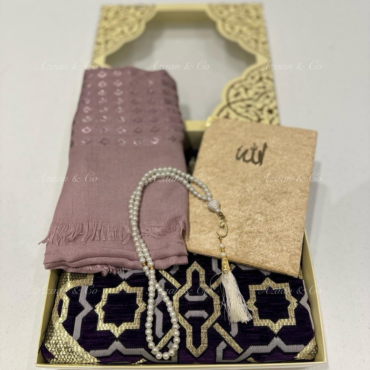 Purple Chenille Prayer Mat, Surah Book, Tasbeeh & Hijab Gift Set Box