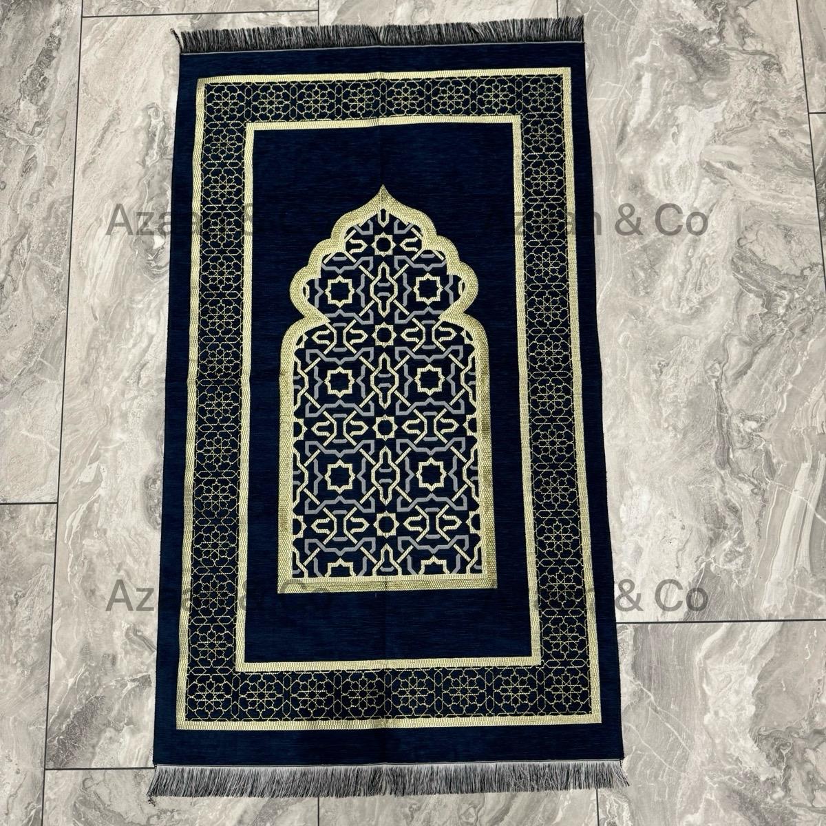 Blue Chenille Prayer Mat, Surah Book, Tasbeeh & Navy Cap Gift Set
