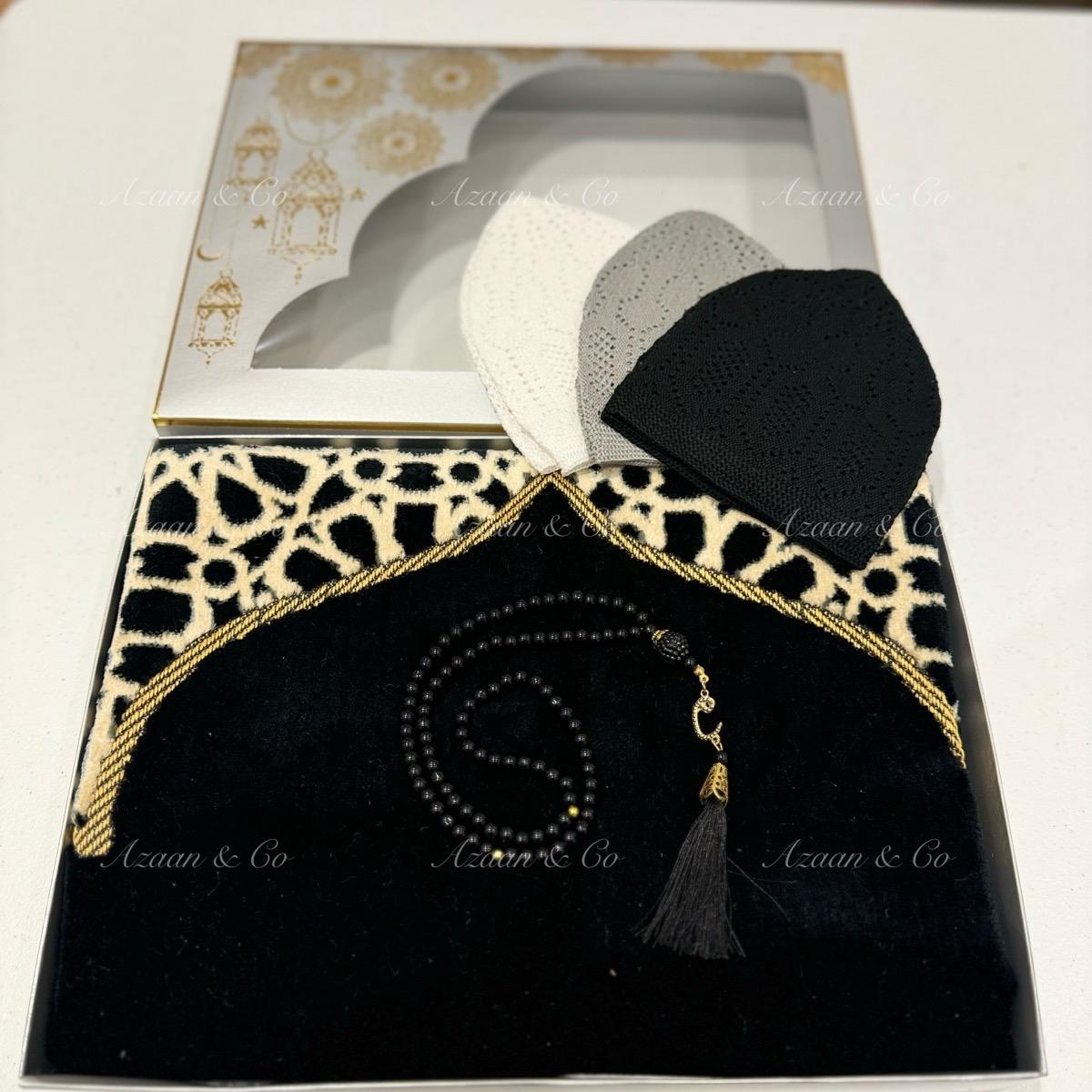 Soft Prayer Mat, 3x Skull Caps & Tabseeh Gift Set
