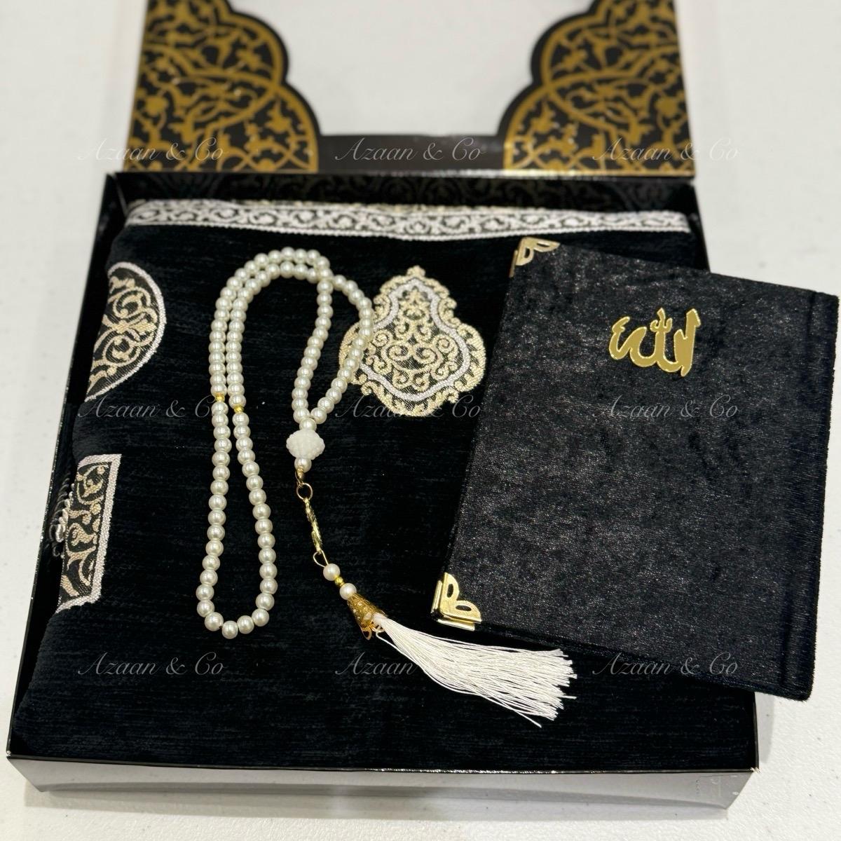 Premium Kaaba Door Chenille Prayer Mat, Surah Book & Tasbeeh