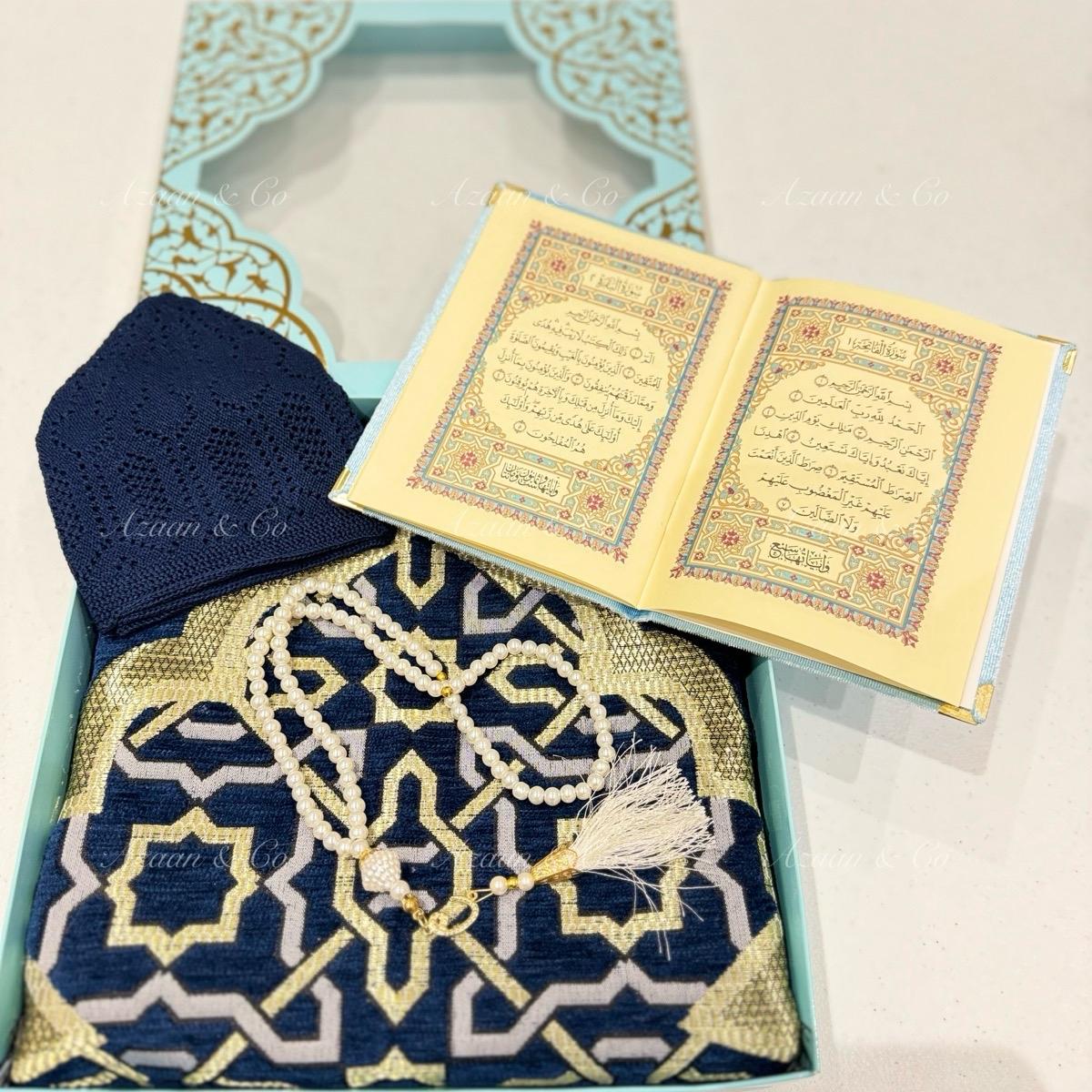 Blue Chenille Prayer Mat, Surah Book, Tasbeeh & Navy Cap Gift Set