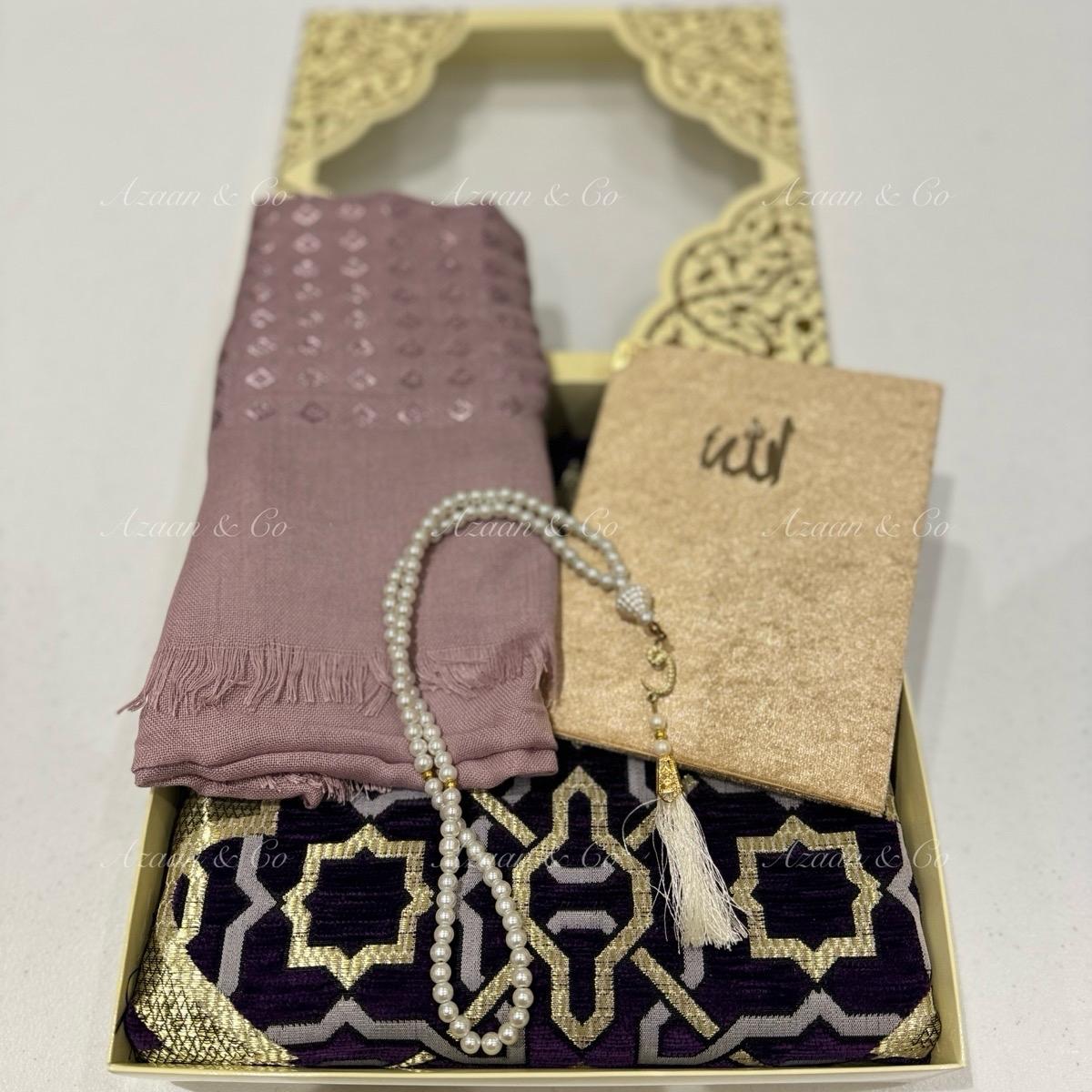 Purple Chenille Prayer Mat, Surah Book, Tasbeeh & Hijab Gift Set Box