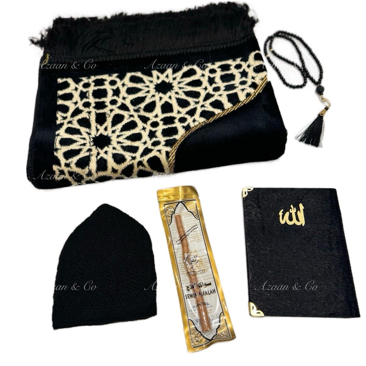Soft Prayer Mat, Surah Book, Miswak, Prayer Hat & Tabseeh Gift Set