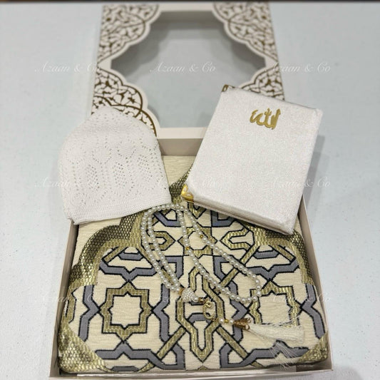 Cream Chenille Prayer Mat, Surah Book, Tasbeeh & Cap or Hijab Gift Set